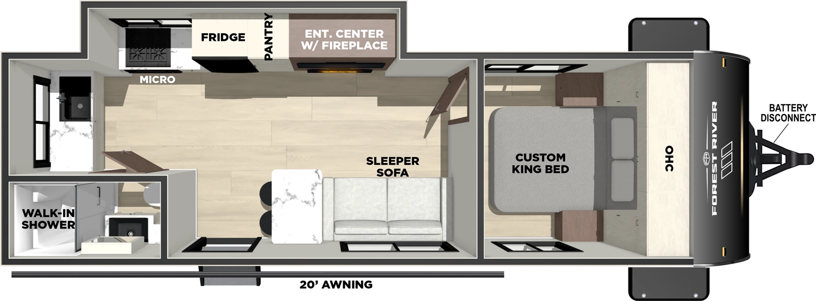 The Vibe 2500CK floorplan has one entry and one slide out. Exterior features include: fiberglass exterior and 20' awning. Interiors features include: front bedroom.